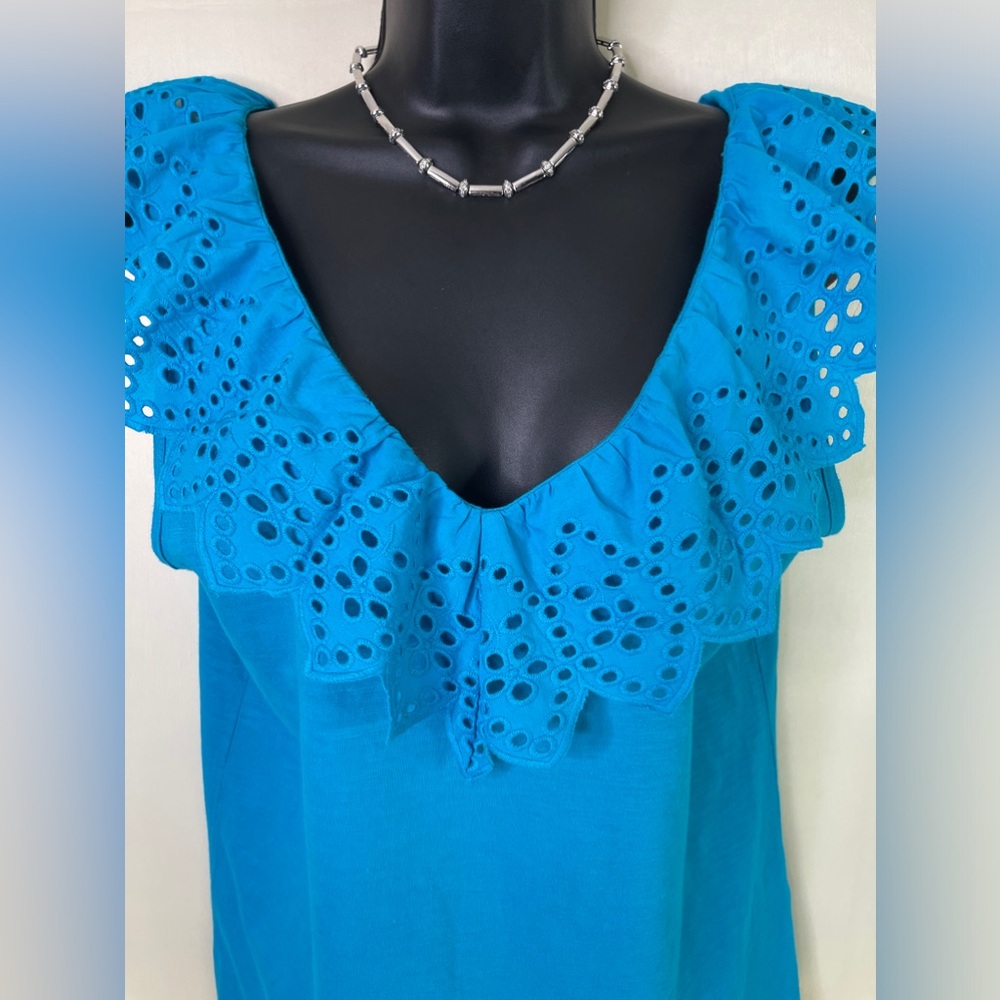 M&Co Turquoise Eyelet Ruffle 100% BCI Cotton V-Neck Tank Top Size 8